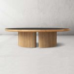 Astor Round Marble Top Coffee Table Wood Cocktail Table Reeded Oak Base Sofa Center Tea Table - Image 6