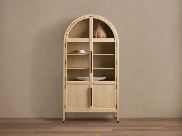 Hattie Glass Tall Display Cabinet Oak Wood Living Room Storage Cabinet - Image 5