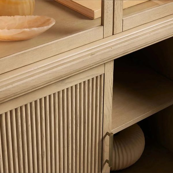 Coventry Reeded Detailing Glass Tall Display Cabinets White Oak Dining Room Side Cabinet with LED Lighting - Image 4