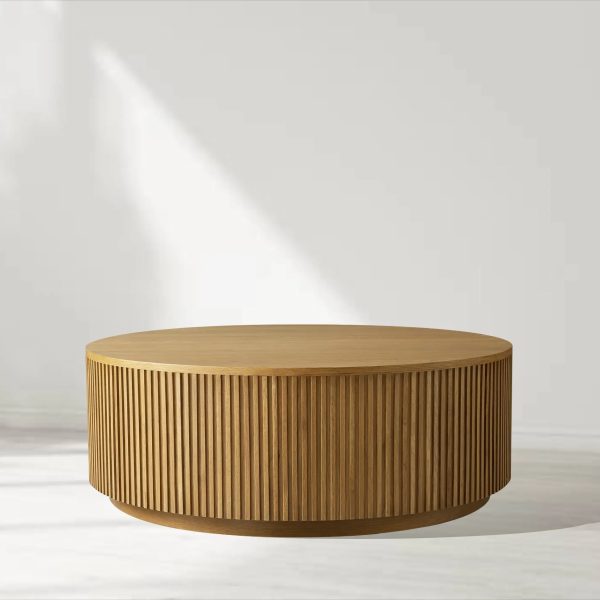 Finnley Round Wood Coffee Table Modern Sofa Center Tea Table with Reeded Detailing - Image 4