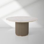 Canodi Polished Cream Marble Stone Top Dining Table with Wood Fluted Base