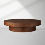 Cinzia Burl Round Coffee Table Walnut Wood Cocktail Table Plinth Base Sofa Center Tea Table