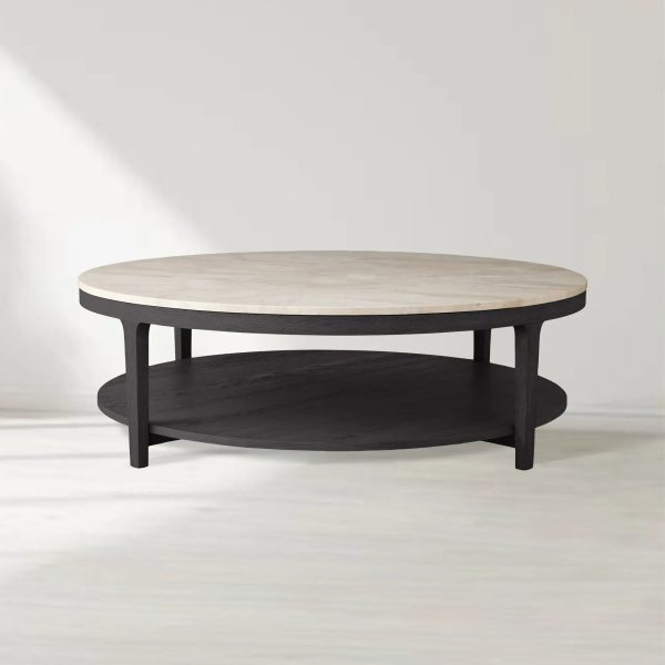 Danny Round Marble Top Coffee Table Oak Wood Base Cocktail Table Living Room Center Tea Table - Image 4