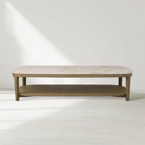 Danny Marble Top Coffee Table Oak Wood Cocktail Table Living Room Rectangle Center Tea Table - Image 5