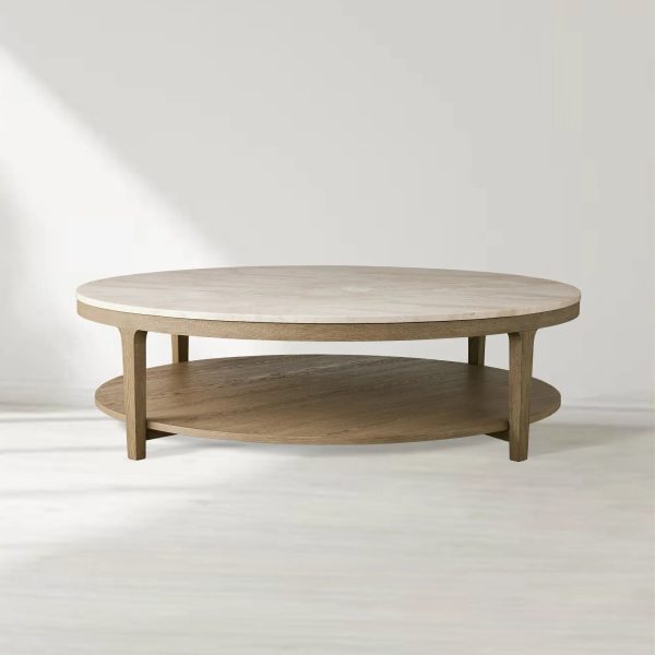 Danny Round Marble Top Coffee Table Oak Wood Base Cocktail Table Living Room Center Tea Table - Image 9