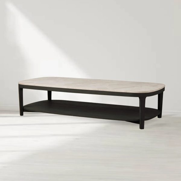 Danny Marble Top Coffee Table Oak Wood Cocktail Table Living Room Rectangle Center Tea Table - Image 11