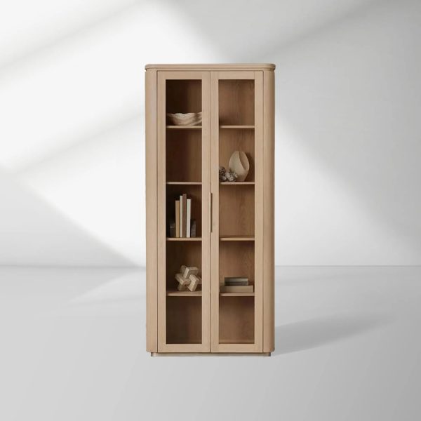 Caden Walnut Tall Display Cabinet Wood Curio Storage Cabinet Entryway China Cabinet Glass Door Bookcase - Image 4