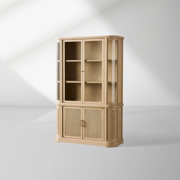 Coventry Reeded Detailing Glass Tall Display Cabinets White Oak Dining Room Side Cabinet with LED Lighting - Image 3