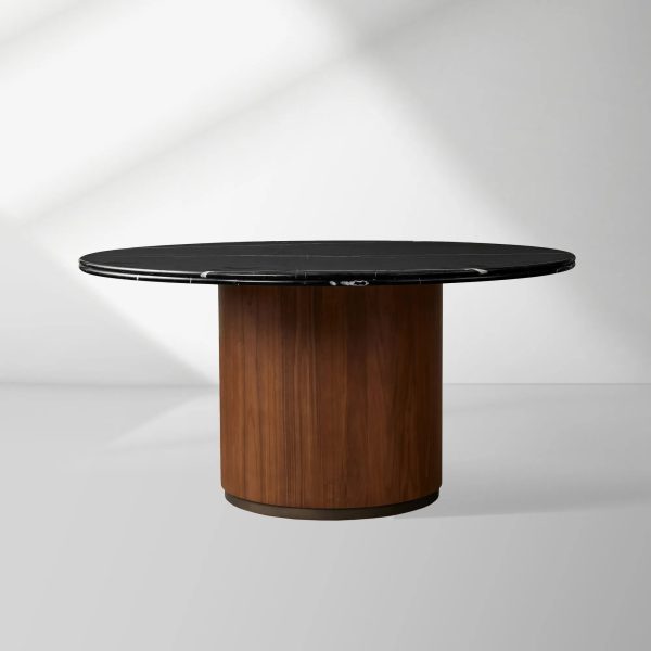 Caden Round Dining Table with Stone Top in Walnut or Oak with Sculptural Base - Image 4