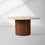 Caden Round Dining Table with Stone Top in Walnut or Oak with Sculptural Base