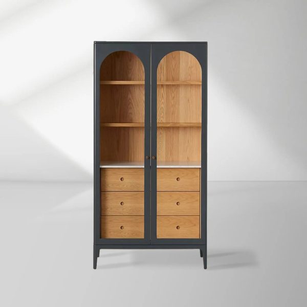 Linley Oak Wood Tall Display Cabinet Glass Door Bookcase with Drawers - Image 6