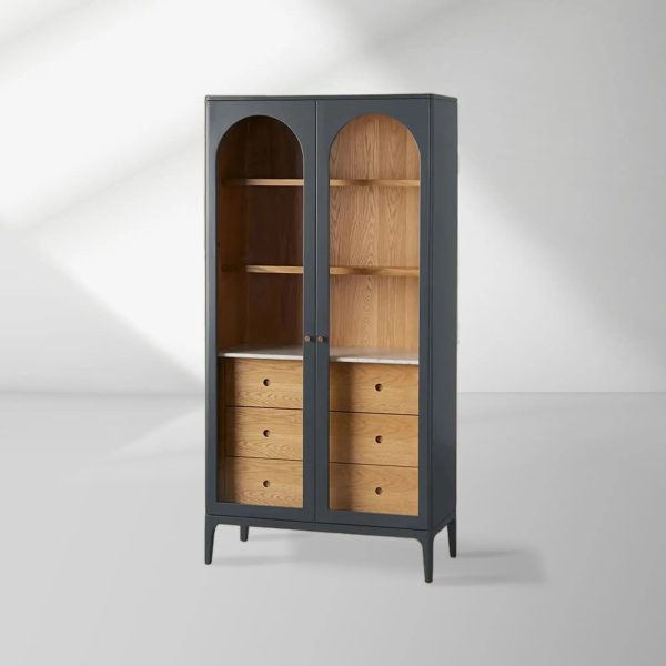 Linley Oak Wood Tall Display Cabinet Glass Door Bookcase with Drawers - Image 7