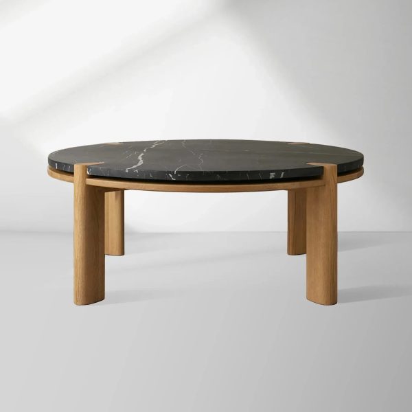 Pyet Round Marble Top Coffee Table Oak Wood Base Cocktail Table Living Room Center Tea Table - Image 6
