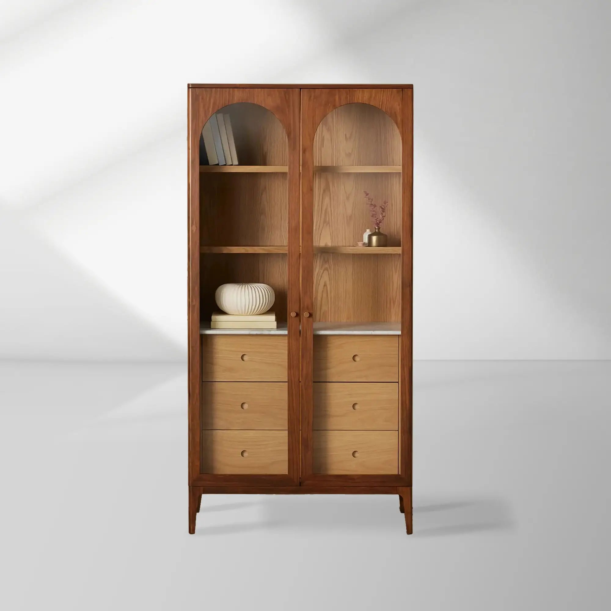 2000x2000_20251222_HL_b2_9738d71a-3961-4251-b1ba-96c1e320c12b.jpg Linley Oak Wood Tall Display Cabinet Glass Door Bookcase with Drawers - Image 1