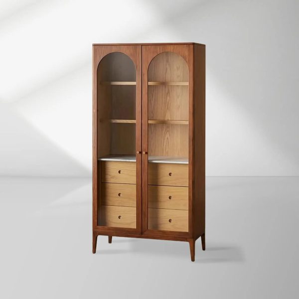 Linley Oak Wood Tall Display Cabinet Glass Door Bookcase with Drawers - Image 3