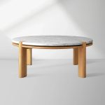Pyet Round Marble Top Coffee Table Oak Wood Base Cocktail Table Living Room Center Tea Table - Image 8