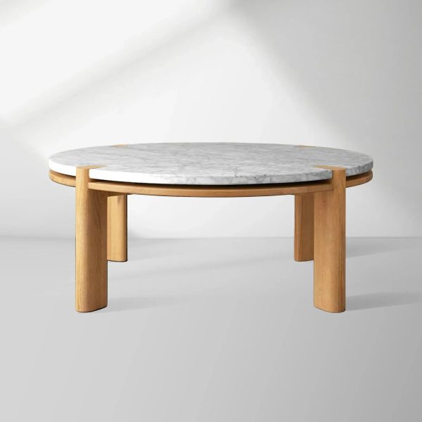 Pyet Round Marble Top Coffee Table Oak Wood Base Cocktail Table Living Room Center Tea Table - Image 8
