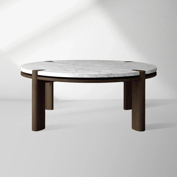 Pyet Round Marble Top Coffee Table Oak Wood Base Cocktail Table Living Room Center Tea Table - Image 5
