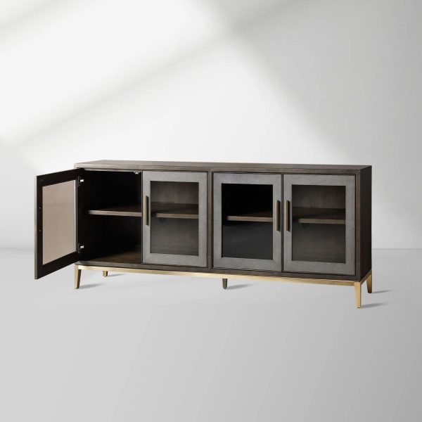 Malone leather Panels Sideboard Glass Doors Buffet Table Oak Wood Living Room Entryways Cabinet - Image 11