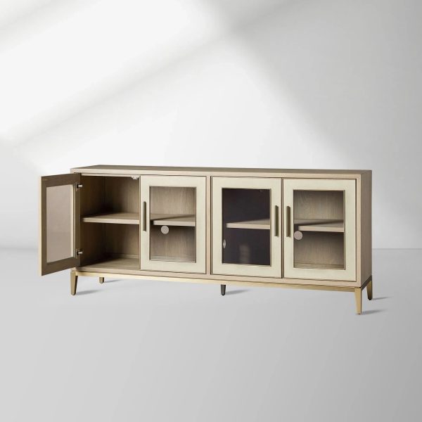 Malone leather Panels Sideboard Glass Doors Buffet Table Oak Wood Living Room Entryways Cabinet - Image 3