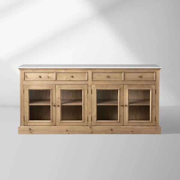 Kensington Marble Top Sideboard Wood Buffet Storage Entryways Side Cabinet With Glass Doors - Image 5