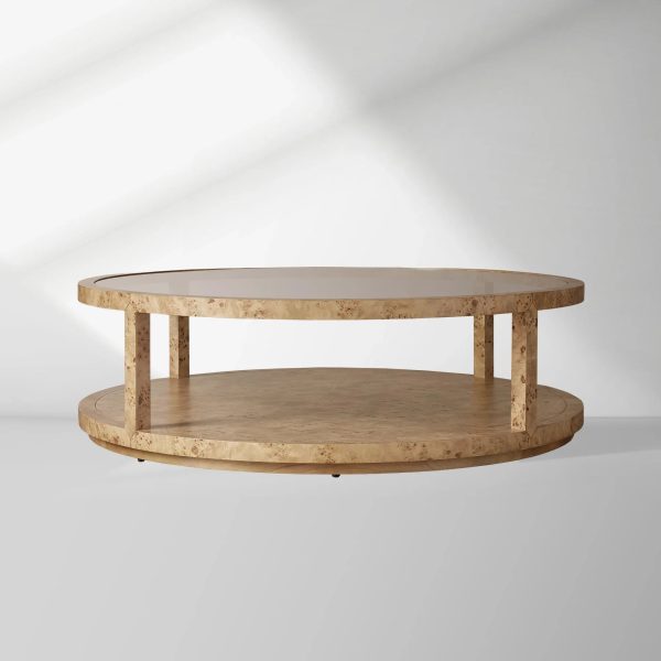 Corey Mappa Burl Round Coffee Table Glass Tabletop Cocktail Table Sofa Center Tea Table - Image 3