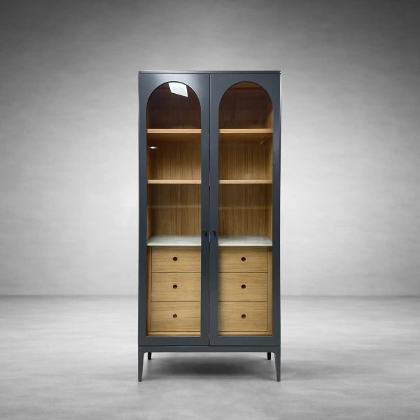 Linley Oak Wood Tall Display Cabinet Glass Door Bookcase with Drawers - Image 8
