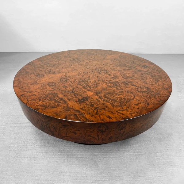 Cinzia Burl Round Coffee Table Walnut Wood Cocktail Table Plinth Base Sofa Center Tea Table - Image 3