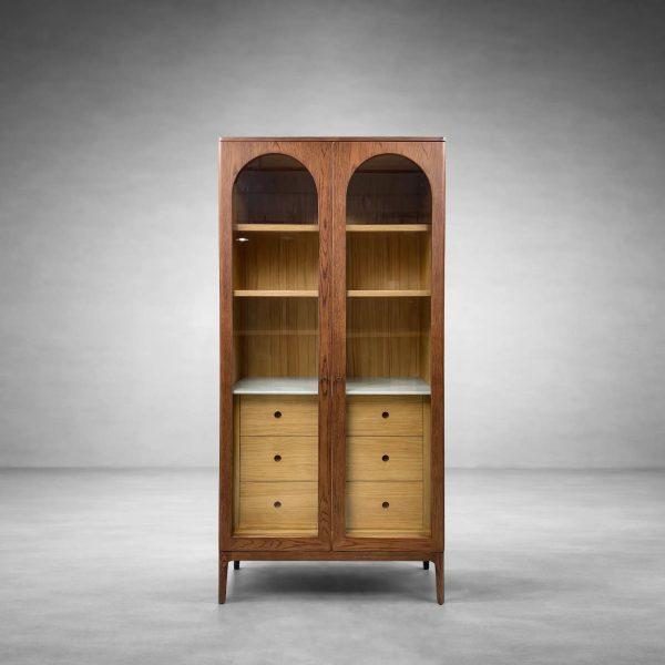 Linley Oak Wood Tall Display Cabinet Glass Door Bookcase with Drawers - Image 11