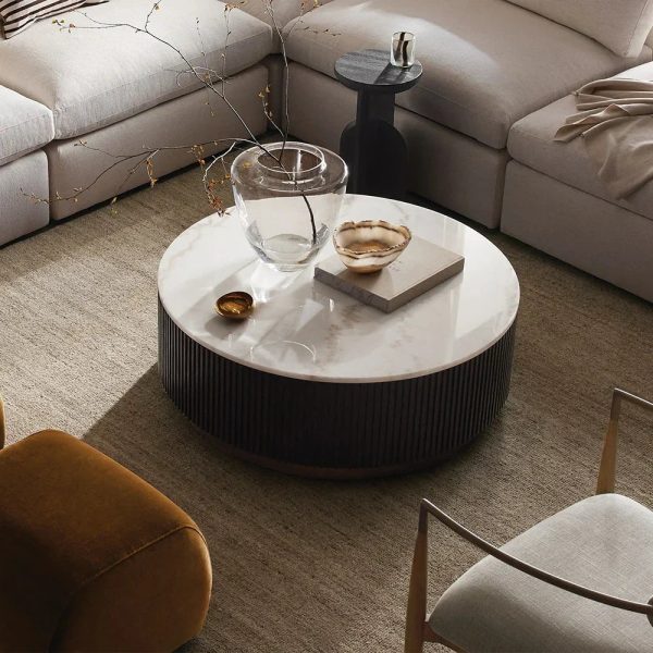 Finnley Round Coffee Table Stone Top Sofa Center Tea Table with Brass Base - Image 3