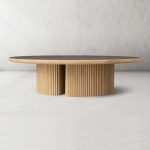 Astor Round Marble Top Coffee Table Wood Cocktail Table Reeded Oak Base Sofa Center Tea Table - Image 2