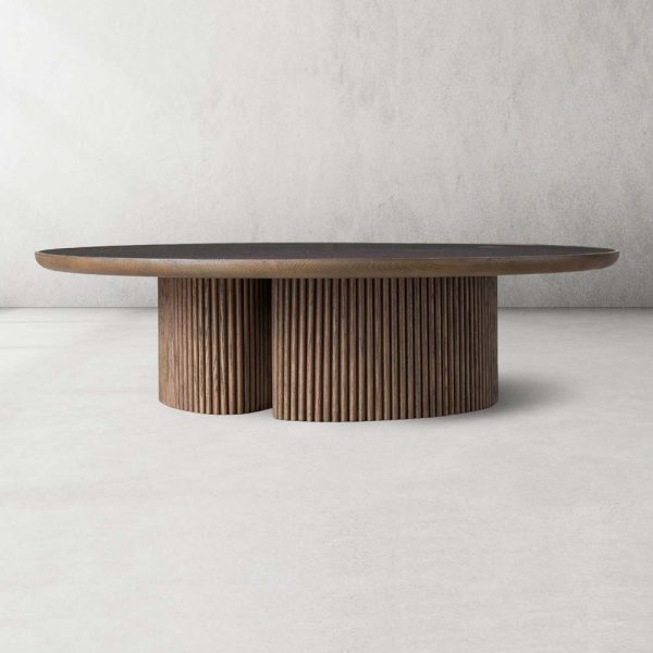 Astor Round Marble Top Coffee Table Wood Cocktail Table Reeded Oak Base Sofa Center Tea Table - Image 16