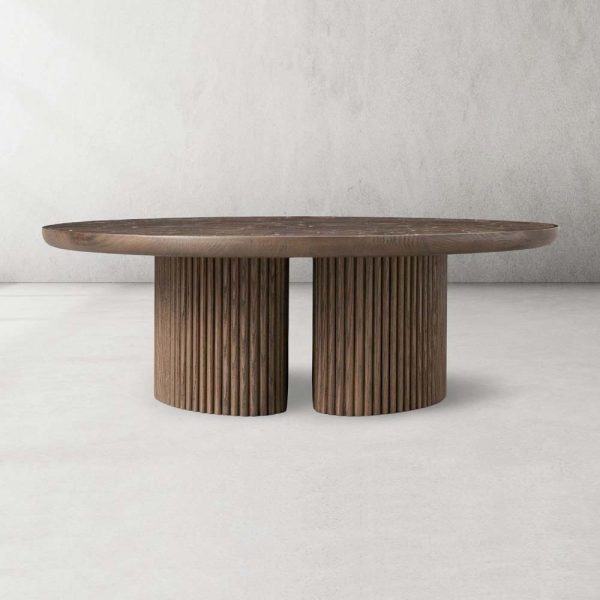 Astor Round Marble Top Coffee Table Wood Cocktail Table Reeded Oak Base Sofa Center Tea Table - Image 14