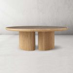 Astor Round Marble Top Coffee Table Wood Cocktail Table Reeded Oak Base Sofa Center Tea Table - Image 5