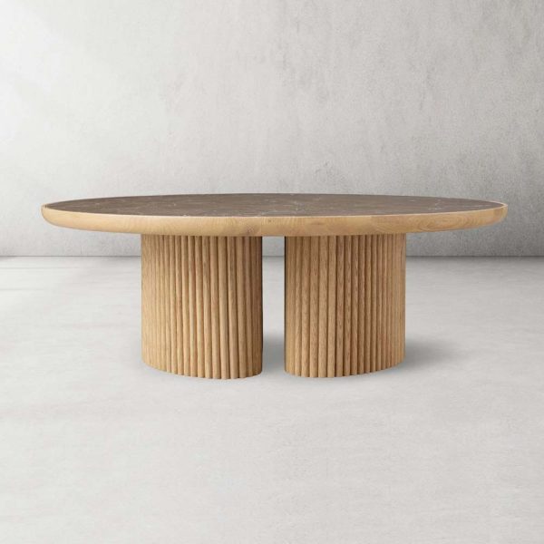 Astor Round Marble Top Coffee Table Wood Cocktail Table Reeded Oak Base Sofa Center Tea Table - Image 5