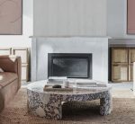 Veneta Round Carrara Marble Coffee Table Living Room Wood Center Tea Table - Image 2