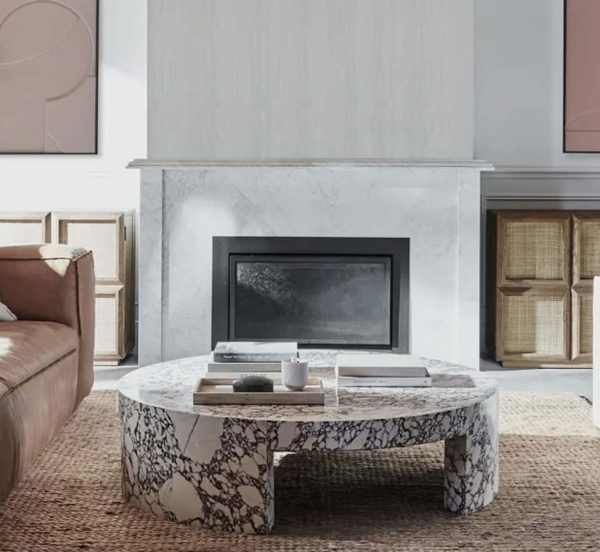 Veneta Round Carrara Marble Coffee Table Living Room Wood Center Tea Table - Image 2