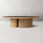 Astor Round Marble Top Coffee Table Wood Cocktail Table Reeded Oak Base Sofa Center Tea Table - Image 7