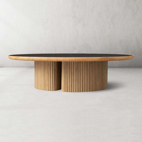Astor Round Marble Top Coffee Table Wood Cocktail Table Reeded Oak Base Sofa Center Tea Table - Image 7