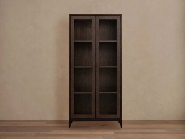 Malone Textured Leather Tall Display Cabinet Wood Storage Cabinet with Glass Doors - Image 3