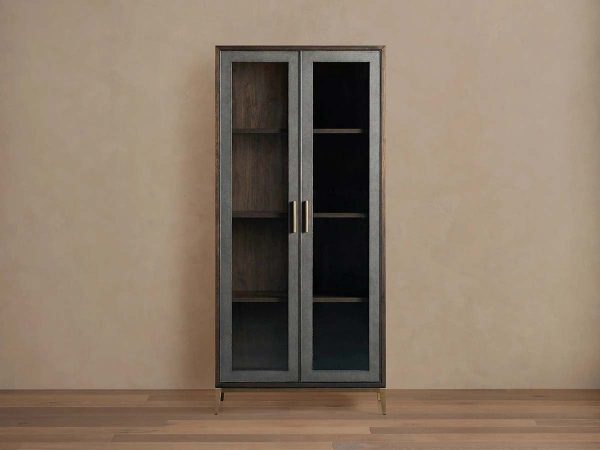 Malone Textured Leather Tall Display Cabinet Wood Storage Cabinet with Glass Doors - Image 2
