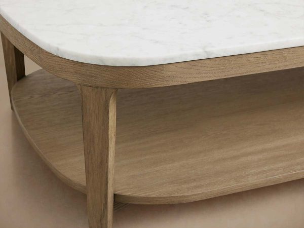Danny Marble Top Coffee Table Oak Wood Cocktail Table Living Room Rectangle Center Tea Table - Image 3
