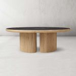 Astor Round Marble Top Coffee Table Wood Cocktail Table Reeded Oak Base Sofa Center Tea Table - Image 10