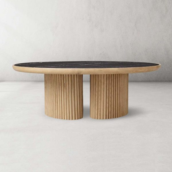 Astor Round Marble Top Coffee Table Wood Cocktail Table Reeded Oak Base Sofa Center Tea Table - Image 10
