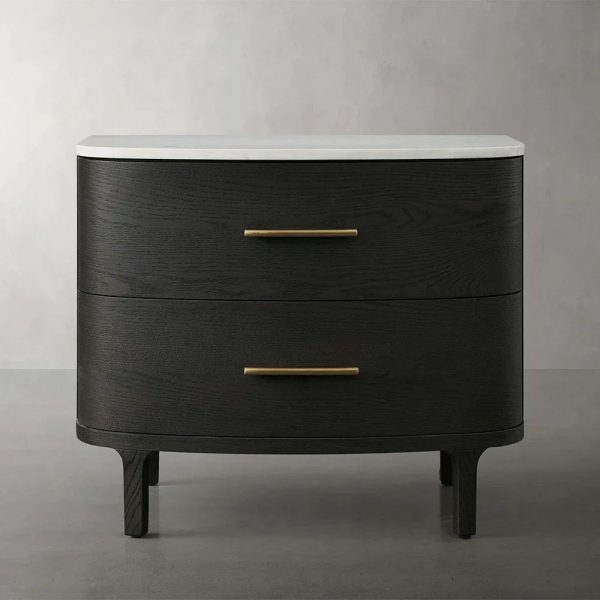 Danny Closed Nightstand Marble Top Bedside Table Brass Pulls Two-Drawer Chest - Image 4