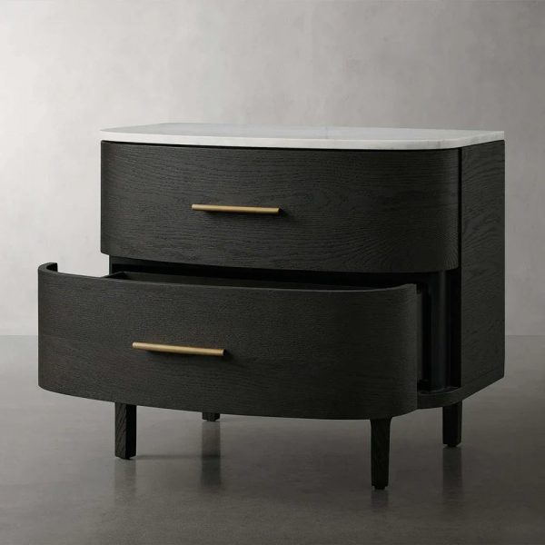 Danny Closed Nightstand Marble Top Bedside Table Brass Pulls Two-Drawer Chest - Image 5