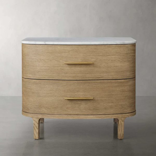 Danny Closed Nightstand Marble Top Bedside Table Brass Pulls Two-Drawer Chest - Image 7