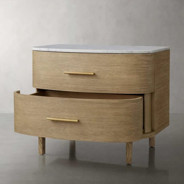 Danny Closed Nightstand Marble Top Bedside Table Brass Pulls Two-Drawer Chest - Image 8