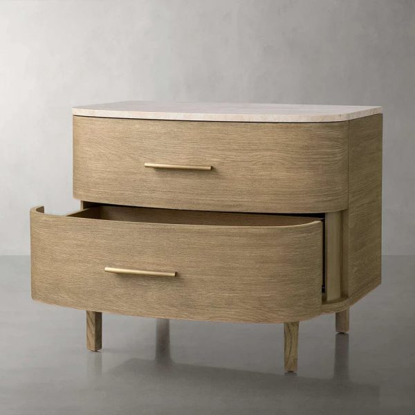 Danny Closed Nightstand Marble Top Bedside Table Brass Pulls Two-Drawer Chest - Image 11