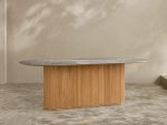 Beaumont Outdoor Teak Dining Table with Stone Top Modern Curved Dining Table - Image 6
